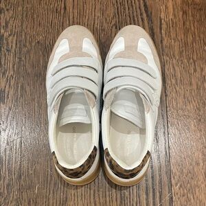 Veronica Beard White and Tan Sneakers with Leopard Accent